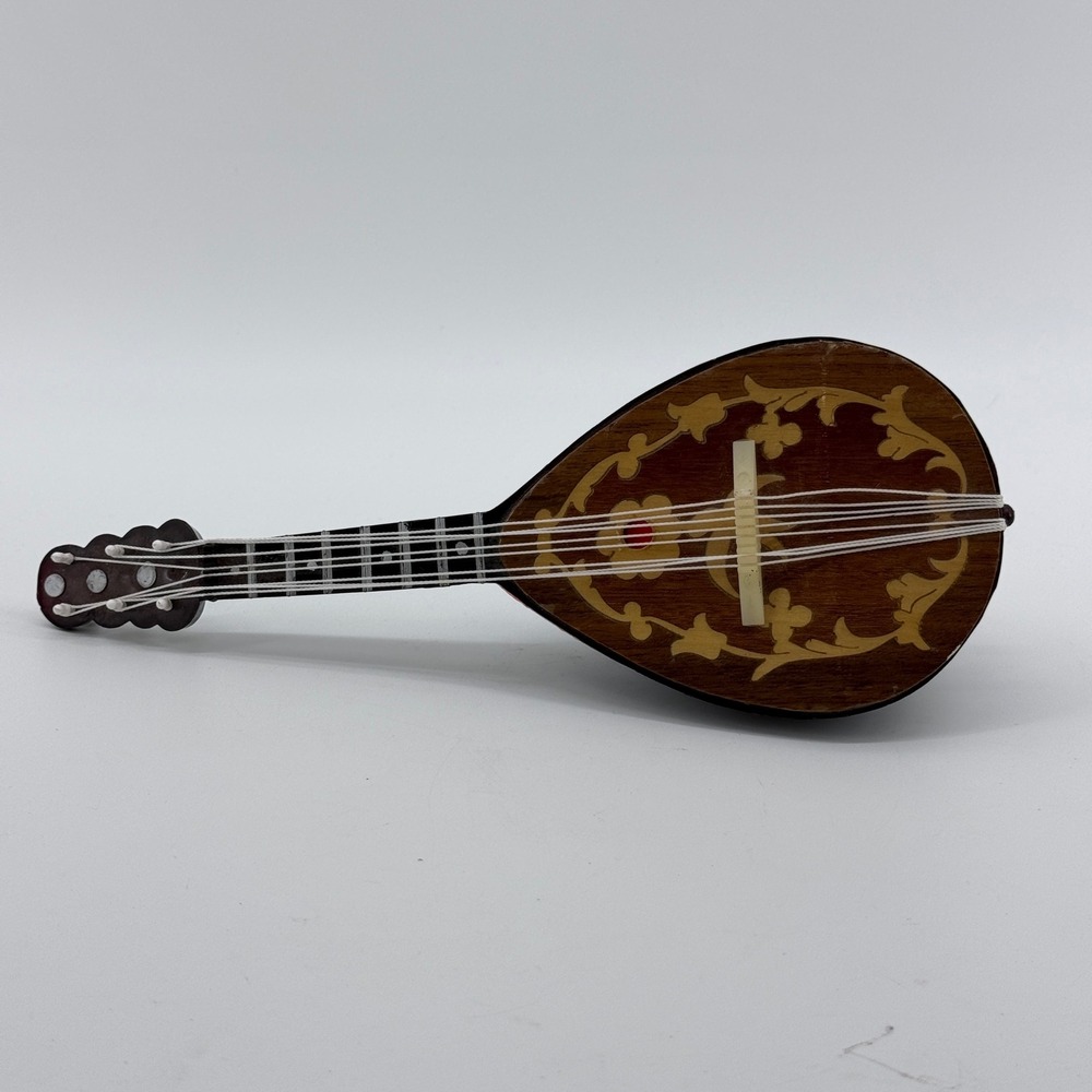 Sankyo Mandolin Music Box Santa Lucia Vintage Wind Up Floral Inlay Brown Wood